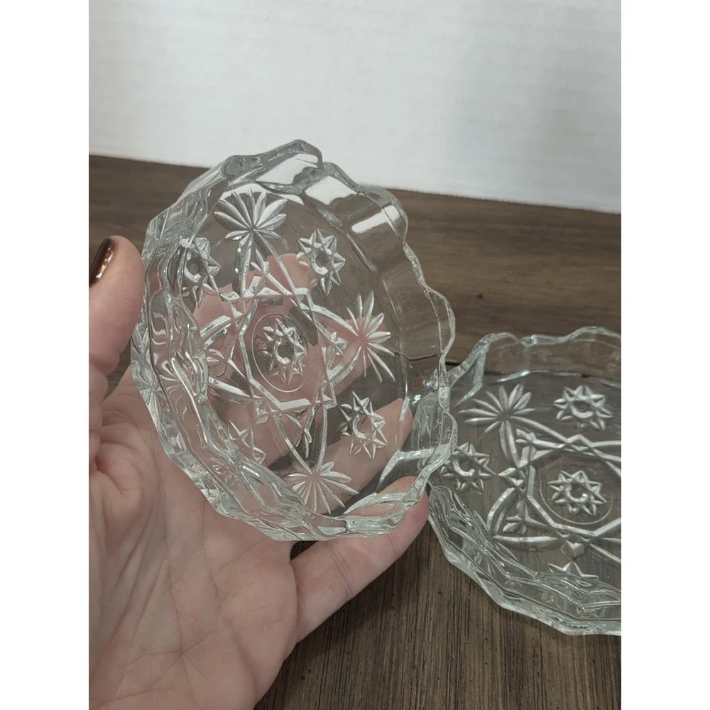 clear pressed glass starburst round trinket box with lid, 4 in, vintage